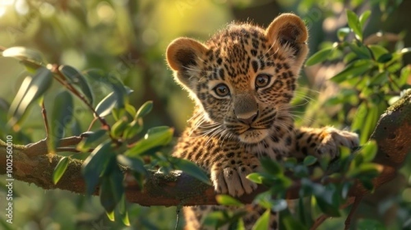 Fototapeta A cute leopard cub perched on the branch of an acacia tree