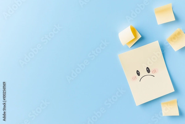 Fototapeta Sad sticky note with frown on soft blue background. Minimal concept of bad mood
