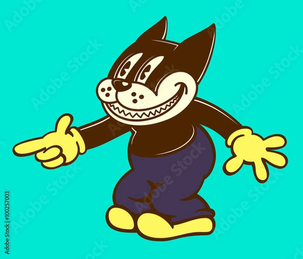 Obraz Vintage toons: retro cartoon cat character smiling and pointing finger, classic toon style