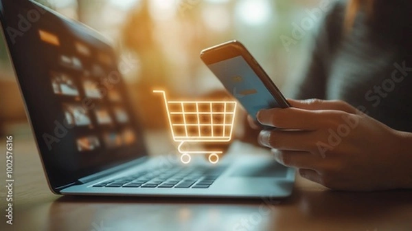 Fototapeta ecommerce concept with a person using a smartphone and laptop, online shopping cart on a virtual screen, showcasing internet store transactions, online purchases, and digital business platforms