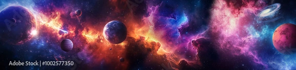 Fototapeta Space scene with planets, stars and galaxies. Panorama.	