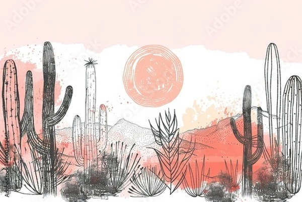 Fototapeta Arizona vector artwork, Seamless pattern vector summer cactus on desert mix with beautiful blooming succulents flower for fashion fabric and all prints on pink background.