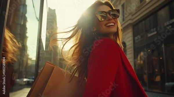 Fototapeta A woman in red and sunglasses is walking down the street with shopping bags, smiling happily as she walks past luxury stores