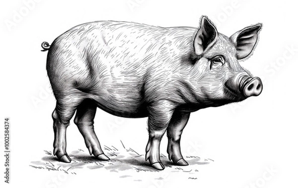 Fototapeta Pig, hog, boar. Vintage retro print, black white pig sketch ink pencil style drawing, linear drawing, engrave old school. Sketch artwork silhouette pig, hog, boar. Side view profile. Illustration