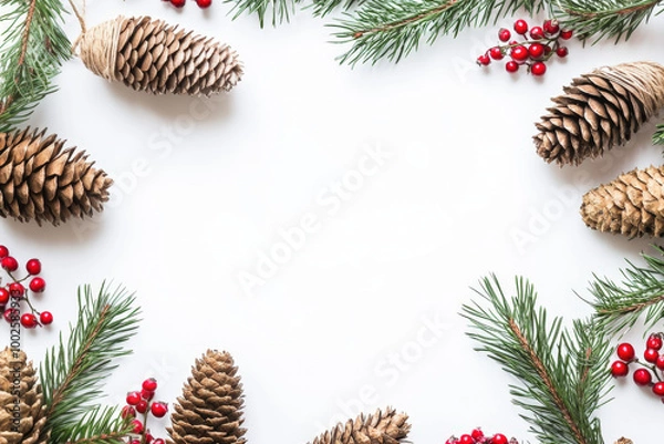 Fototapeta Christmas border composition made of pine cones, red berries and fir branches on white background with copy space