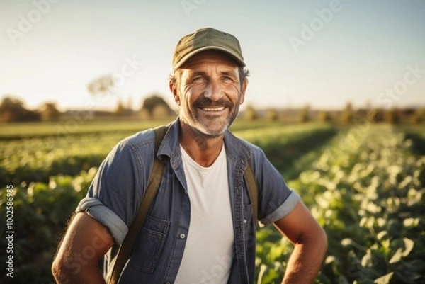 Fototapeta Portrait of a smiling middle aged Caucasian man on farm