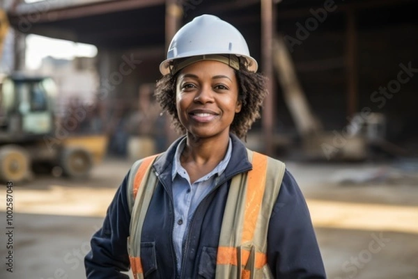 Fototapeta Smiling portrait of a middle aged female architect on construction site