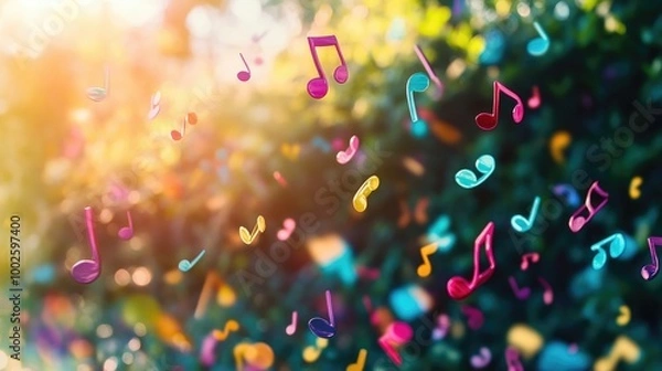 Fototapeta High-resolution image celebrating International Music Day with colorful music notes floating in the air, representing the universal language of music.