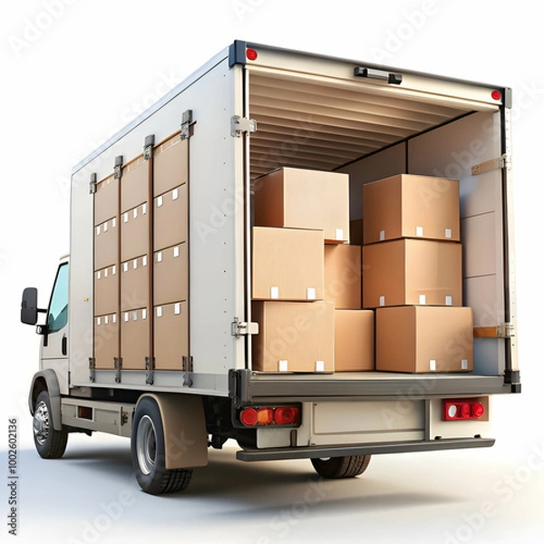 Fototapeta rear back view of truck full of cardboard box pack on white background