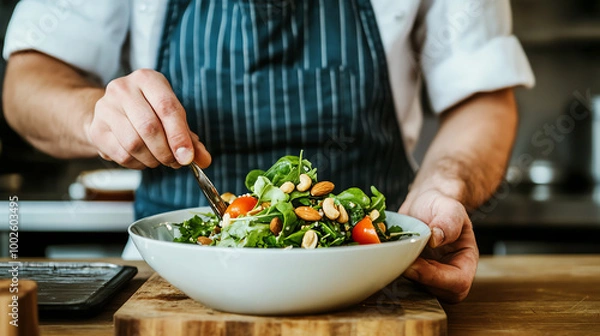 Fototapeta Chef preparing a fresh salad with vibrant vegetables in a stylish kitchen setting.