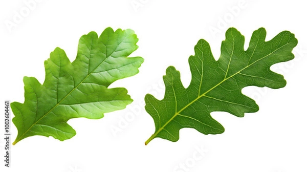 Obraz Two green oak leaves with distinct lobed edges image isolated transparent. Oakleaf foliage cut out photo png. Nature, woodland, environmental theme cutouts elements objects photography