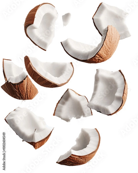 Fototapeta Delicate fragments of coconut scattered against a pure white backdrop