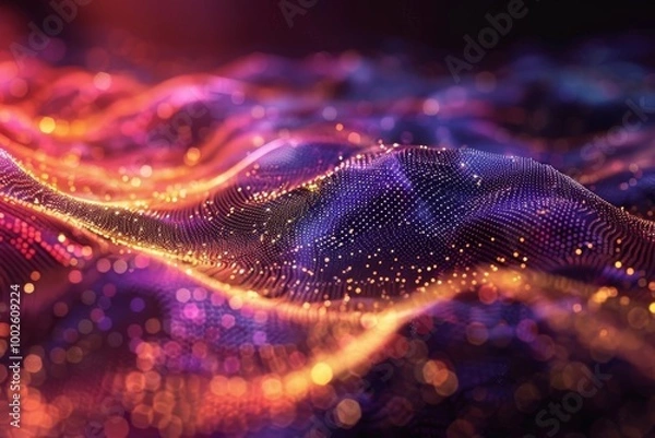 Fototapeta Abstract gradient hologram dynamic wave of particles. Digital wallpaper technology background. MZ 