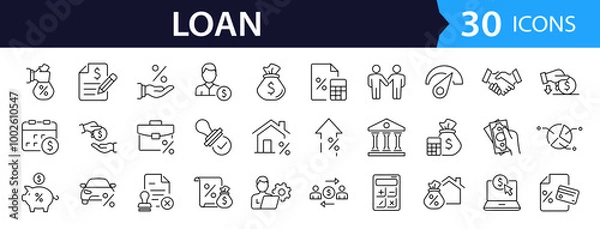 Obraz Loan set of web icons in line style. Loan and Credit linear icon collection. Containing loan, money, credit rating, business, leasing, interest, calculator, income, banking and more. Editable stroke