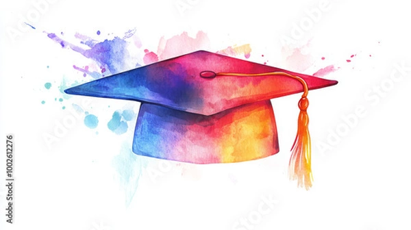 Fototapeta A colorful watercolor painting of a graduation cap, perfect for school-themed projects. The image is isolated on a white background.