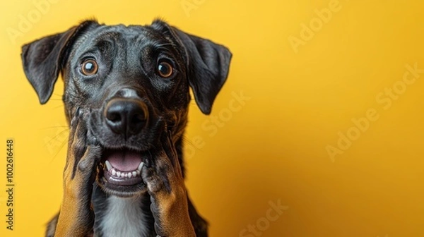 Obraz A lively dog displays a shocked expression with a bright yellow background
