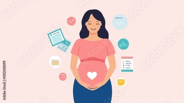 Fototapeta Illustration of a pregnant woman smiling, surrounded by health icons and information, symbolizing prenatal care and wellness.