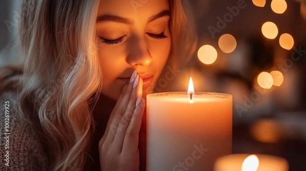 Fototapeta Contemplative Woman Praying by Yahrzeit Candle with Tear Rolling Down Cheek, Deep Introspection Concept