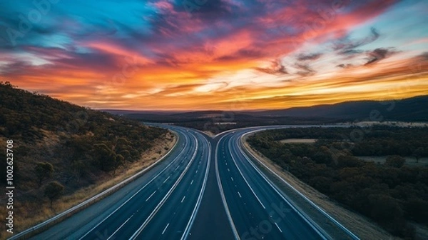 Fototapeta A multi-lane highway situated in the Australian outback, framed by colorful clouds and a vivid evening sky