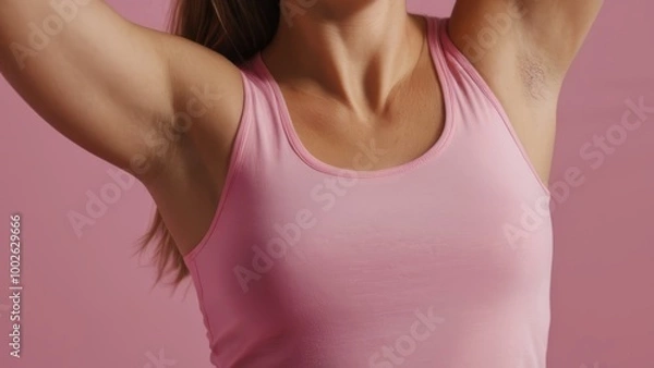 Fototapeta woman in pink tank top stretches her arms above her head showing off her toned muscles and shaved armpits. shishien and deodorant. ways to eliminate sweat. women's health. healthy breasts
