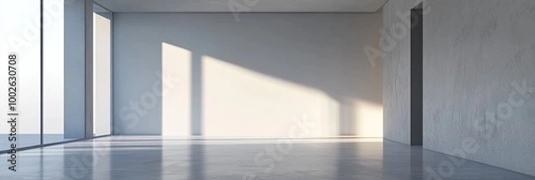 Fototapeta A minimalist empty room featuring natural sunlight reflections on the white walls and tiled floor, creating a serene, open atmosphere