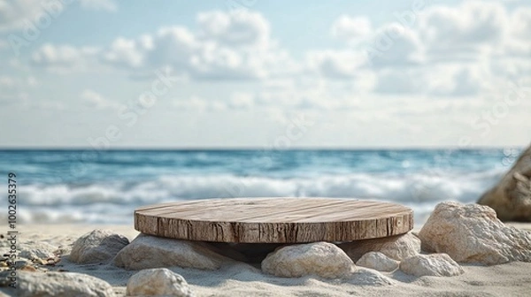 Fototapeta Natural materials like wood and stone form a podium on a beach background, ideal for product display in a simple,
