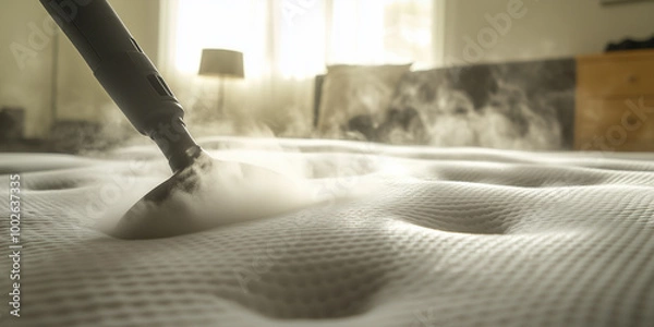 Obraz Deep cleaning mattress using specialized steam; cleaner;
