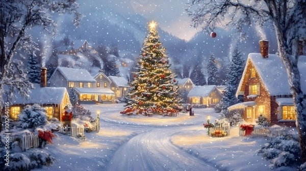 Fototapeta A snowy village scene with a large Christmas tree in the center, surrounded by warmly lit homes and holiday decorations