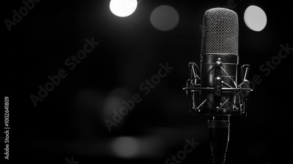Obraz Studio Microphone in Spotlight: A dramatic black and white close-up of a professional condenser microphone on a stand, illuminated by soft spotlights against a dark background. Perfect for podcasting.