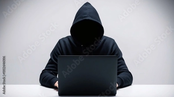 Fototapeta 3D Render of a Person in a Black Hoodie Typing on a Black Laptop, Seated Against a White Wall in a Flat Design Style