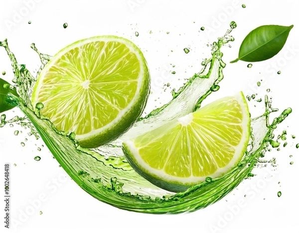 Fototapeta fresh fruity lemon pieces, orange and lime pieces on white background with a splash of water