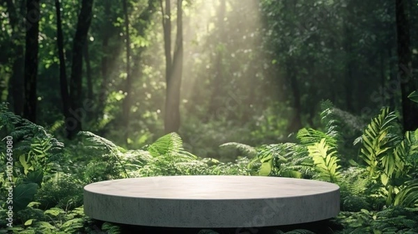 Fototapeta Serene Forest Scene with Circular Platform and Sunlight