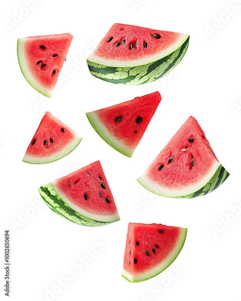 Fototapeta Fresh watermelon slices soaring through the air in a summer display