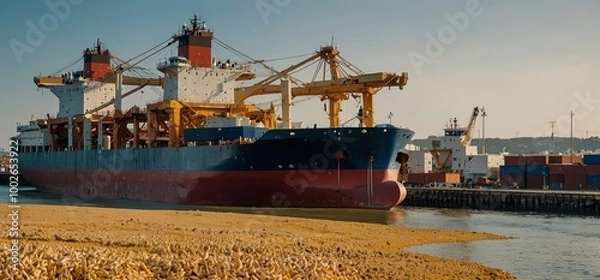 Obraz cargo ship at the harbor loading corn for global grain commerce and distribution
