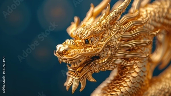 Fototapeta Golden dragon sculpture with intricate details and fierce expression, showcasing craftsmanship and artistry. shimmering gold contrasts beautifully against soft blue background, creating striking
