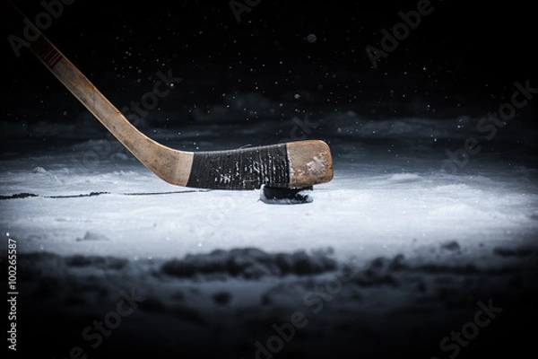 Fototapeta Hockey stick and puck on ice