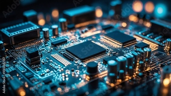 Obraz IT. Information technology concept. Motherboard integrated circuit and tech icons illustrtion. Futuristic bakground