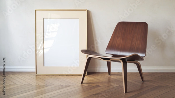 Fototapeta Wooden frame and chair on parquet flooring in mockup 005