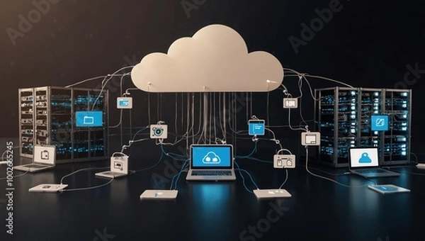 Obraz Online, cloud storage, contact, computing, tablet, phone home devices with online. linking computer to cloud with server, connection. Devices connected to storage in the data center