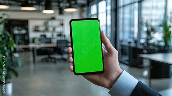 Fototapeta A businessman hand gripping a smartphone displaying a green screen mockup, perfect for video calls or app demonstrations in a contemporary office space.