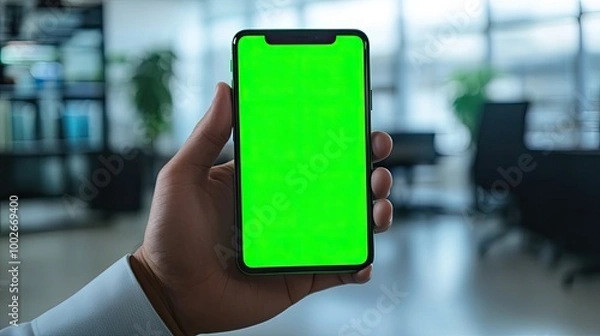 Fototapeta Close-up of an anonymous businessman hand holding a smartphone with a green screen mockup, placed against a blurred office backdrop, ideal for video call concepts.