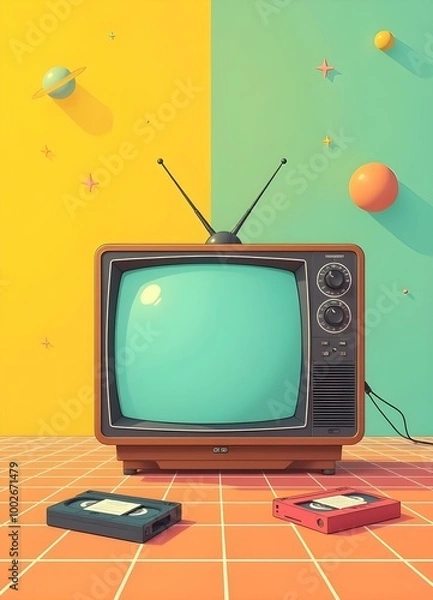 Obraz 1980s Japanese anime for video use, symbolizing classic TV series. The scene includes a retro TV with an antenna, a few VHS cassettes, and a simple grid pattern with neon accents.
