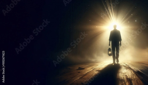 Fototapeta A man walking from darkness to light with an old lantern in his hand