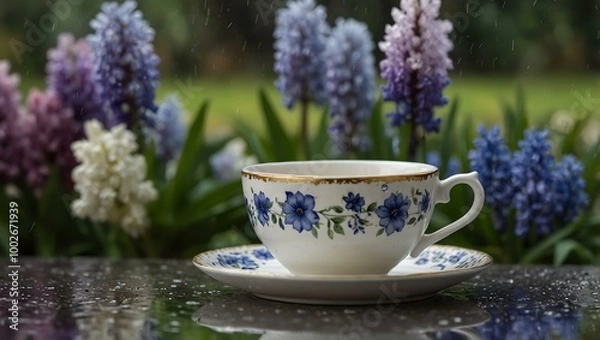 Obraz White teacup with floral pattern next to hyacinths, with raindrops behind.