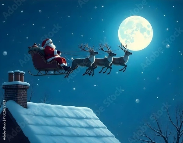 Obraz Santa in his sleigh flying across the sky with reindeer, a large moon behind them, nighttime