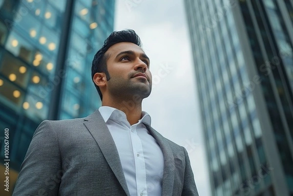 Fototapeta Confident rich eastern Indian businessman executive standing in a modern big city looking and dreaming of future business success, thinking of new goals, business vision, and leadership, Generative AI