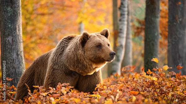 Fototapeta Close-up of a brown bear in an autumn forest, selective focus