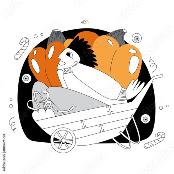 Fototapeta Vector stylization in flat or doodle style on the Halloween theme. A guy rides in a cart with pumpkins.