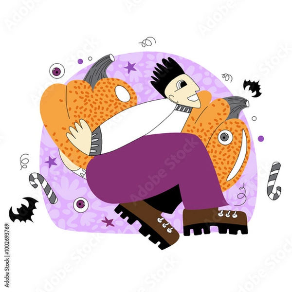 Fototapeta Vector stylization in flat or doodle style on the theme of Halloween. A guy carries a pumpkin.
