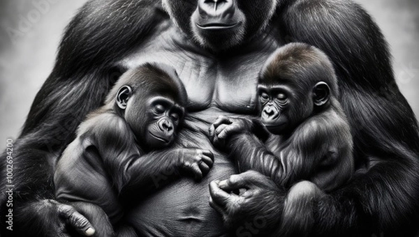 Obraz Two babies are lying on the belly of a large black gorilla with their eyes closed